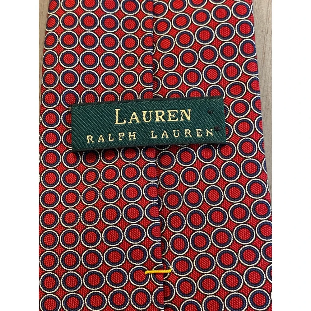 Lauren Ralph Lauren Mens Red Navy Blue Geometric Circle Silk Necktie Made in USA